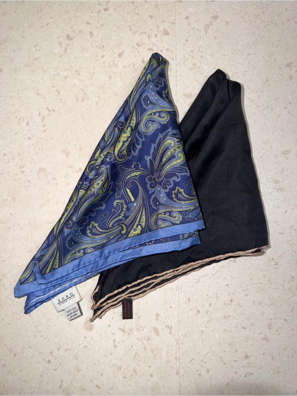 100% Silk Navy Paisley Pocket Square and Black Pocket Square Set